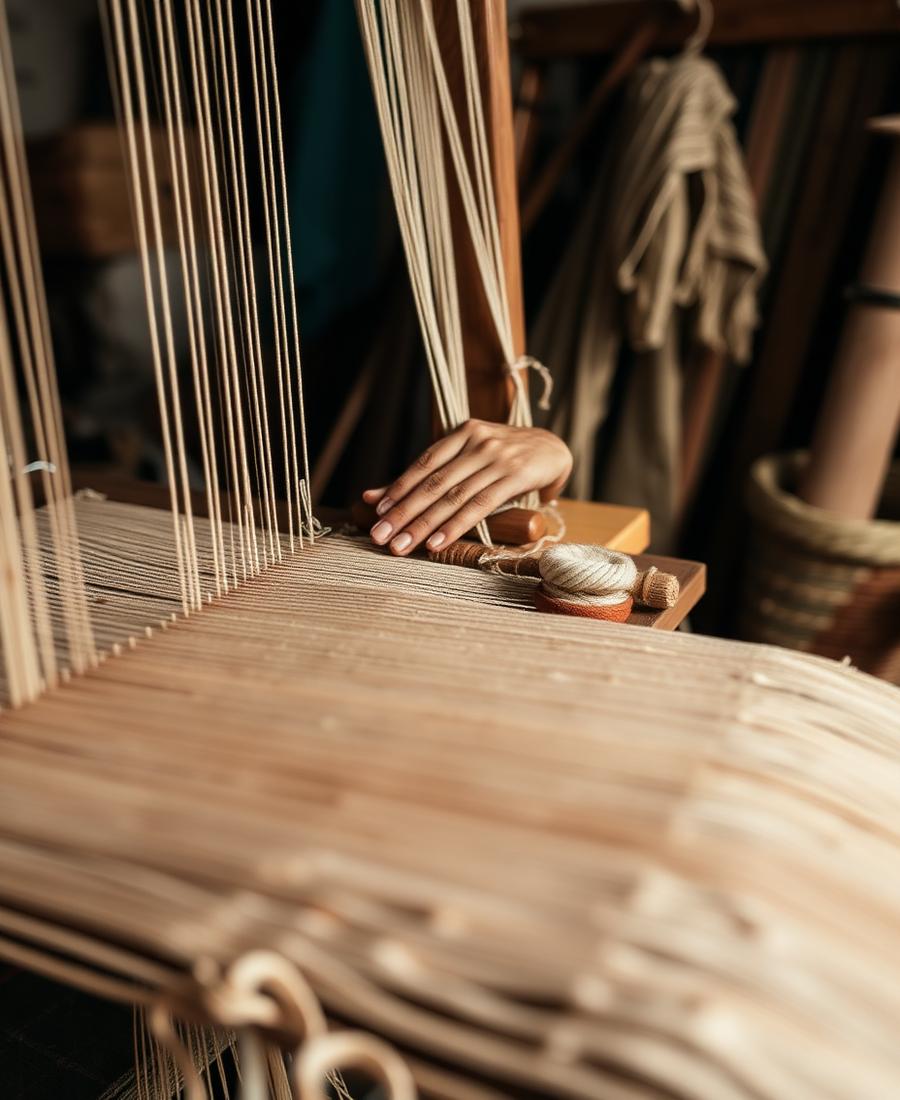 Hands weaving natural dyed textiles on a traditional loom