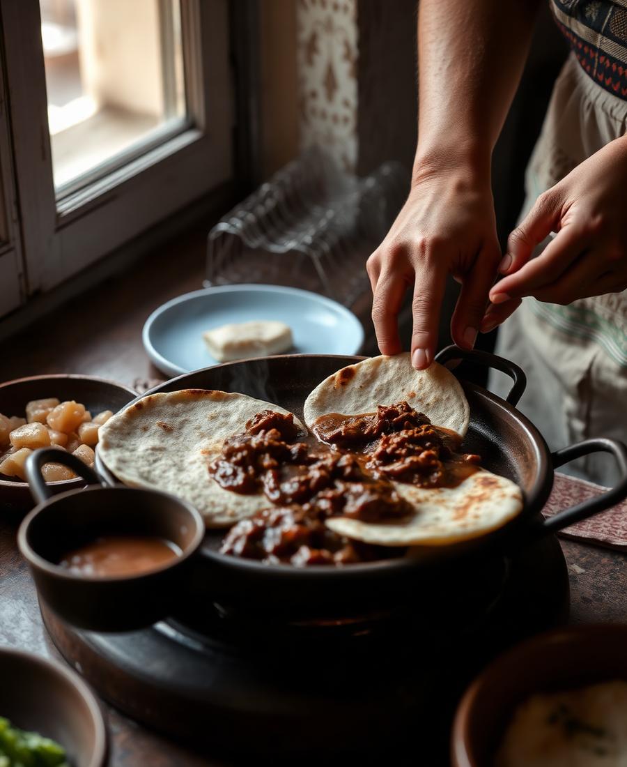 Hands preparing traditional Mexican food over a clay comal