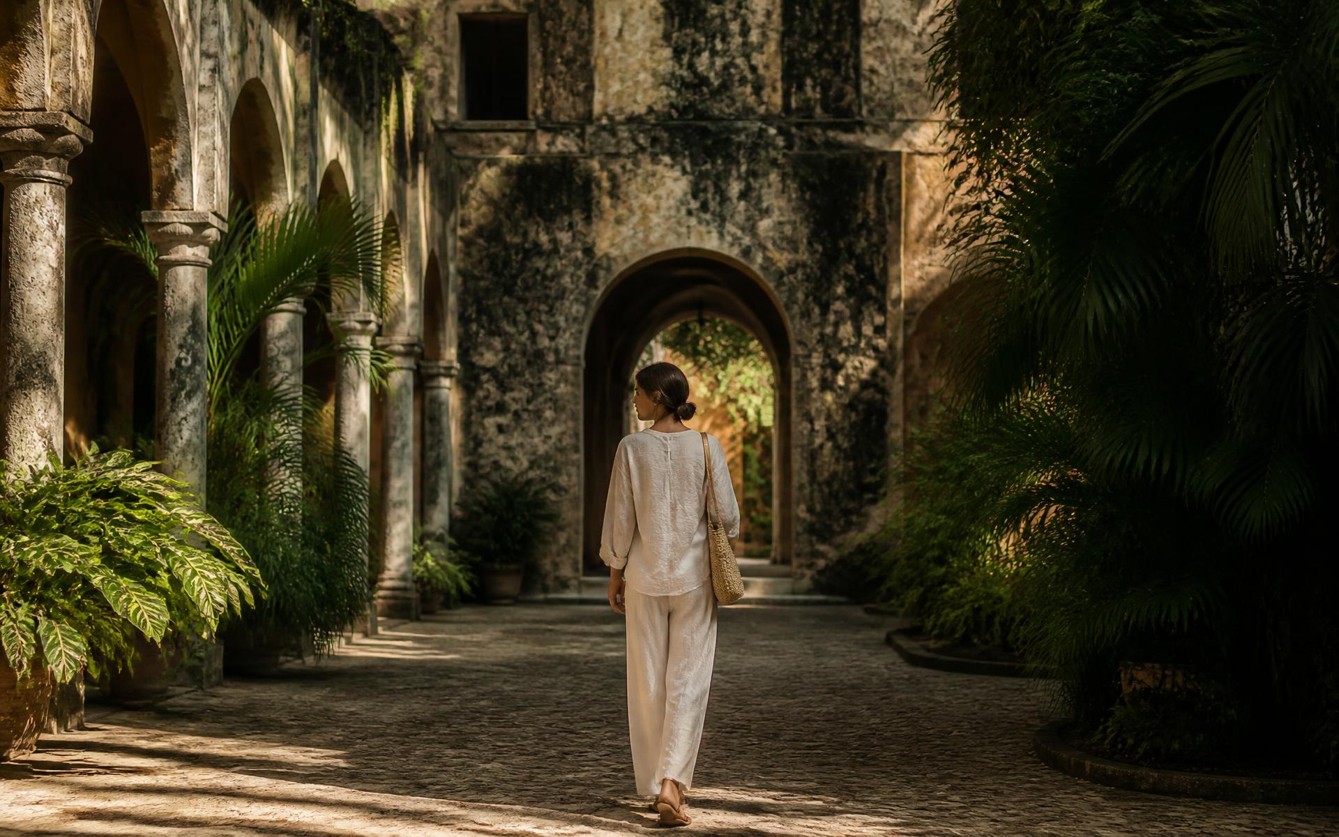 A traveler walking through a sunlit colonial courtyard in Mexico